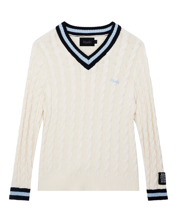 Ksubi Princeton Cable Knit V Neck Vintage White WHITE