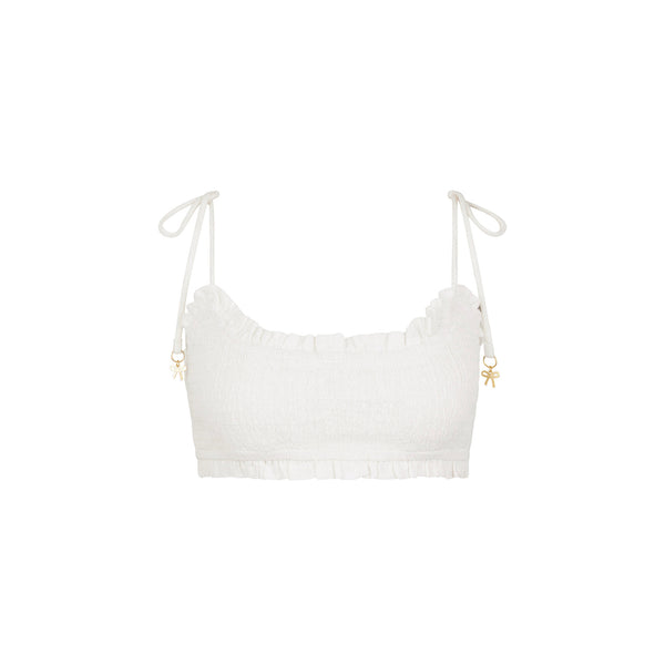 kulani kinis Ruffle Shirred Tie Crop - White