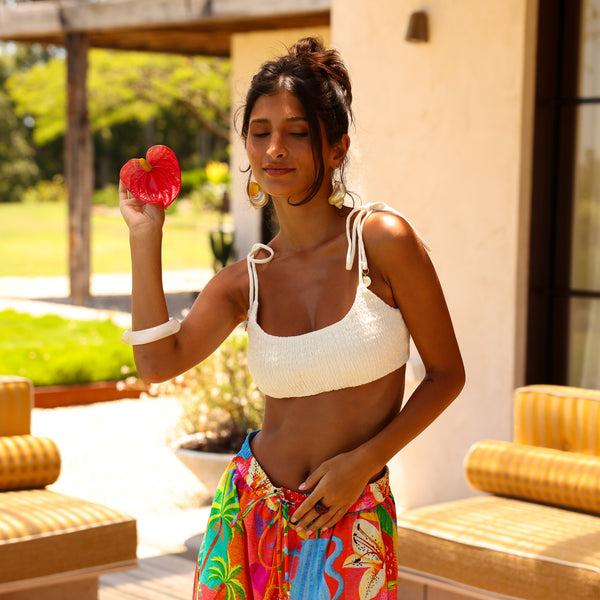 Kulani Kinis Simple Shirred Tie Crop - Natural White