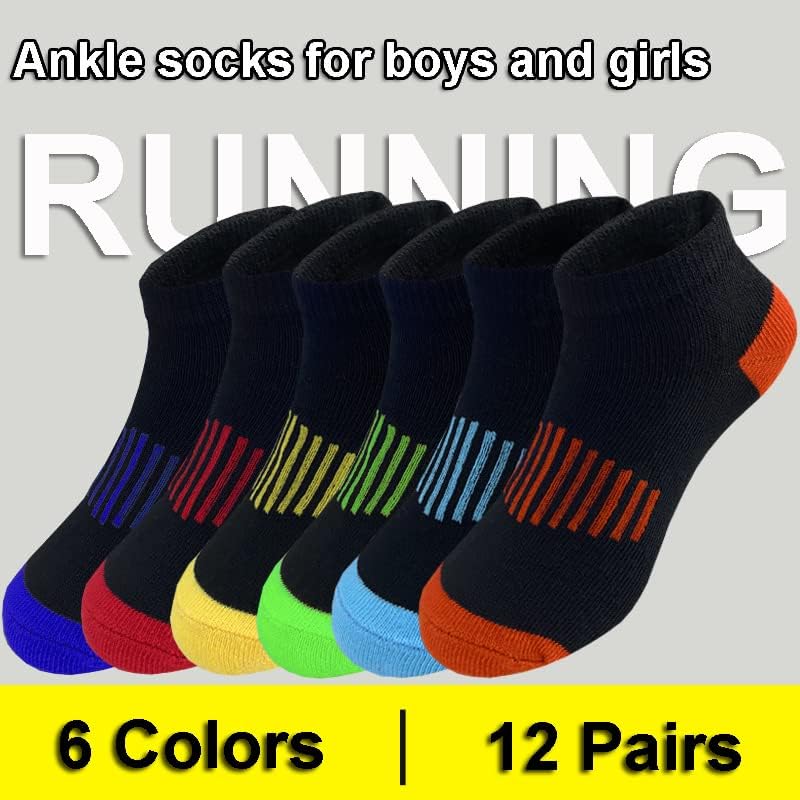 12 Pairs Boys Socks Kids Ankle Athletic Cotton Sock Half Cushioned Low Cut Sock