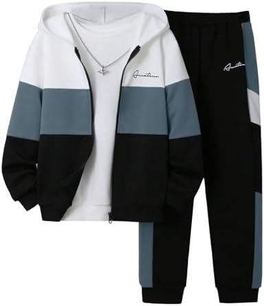 2 Pcs Boys Tracksuit Zip Up Pullover Athletic Hoodie Windbreaker Jacket and Jogger Pants Sportswear Set for 7-14Y