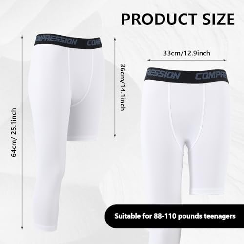 2Pack Basketball Leggings 3/4 One Leg Compression Tights Men Youth Boys Compression Leggings Athletic Base Layer Pants For Sports Training Football Basketball (10-15 Years Old) White
