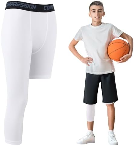 2Pack Basketball Leggings 3/4 One Leg Compression Tights Men Youth Boys Compression Leggings Athletic Base Layer Pants for Sports Training Football Basketball (10-15 Years Old) White