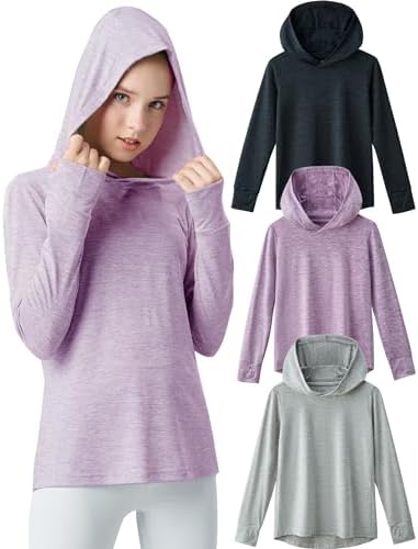 3 Pack Athletic Girls Long Sleeve Shirts with Thumb Holes Workout Hoodies for Kids Hooded Shirt Pullover Tops