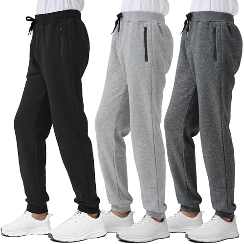 3 Pack Boys Fleece Sweatpants Athletic Soft Jogger Pants with Zipper Pockets Size 4-20 (No Pilling No Fade)