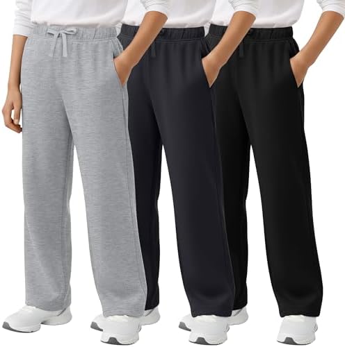 3 Pack Boys Sweatpants Straight Leg Athletic Open Bottom Joggers Workout Elastic Drawstring Kid Pants with Pockets