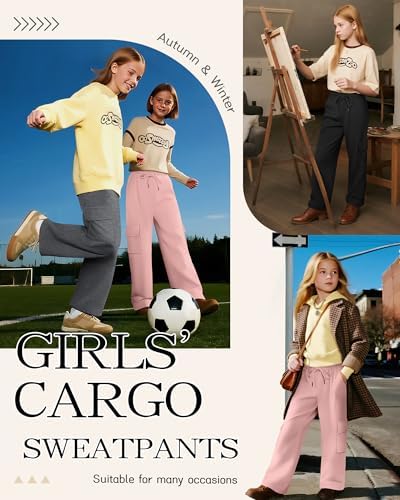 3 Pack Girls Cargo Sweatpants Kids Wide Leg High Waist Drawstring Pants Casual Baggy Athletic Trousers (Ages 5-14)