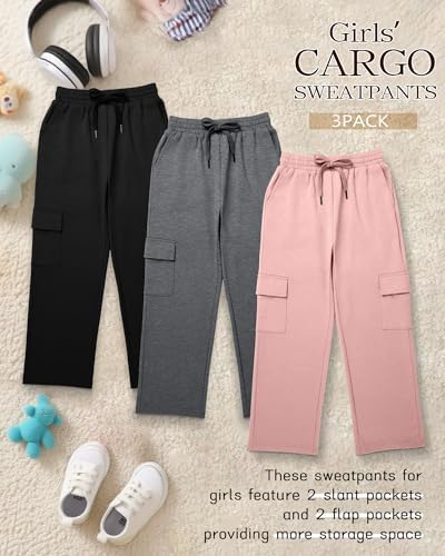 3 Pack Girls Cargo Sweatpants Kids Wide Leg High Waist Drawstring Pants Casual Baggy Athletic Trousers (Ages 5-14)
