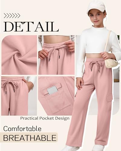 3 Pack Girls Cargo Sweatpants Kids Wide Leg High Waist Drawstring Pants Casual Baggy Athletic Trousers (Ages 5-14)