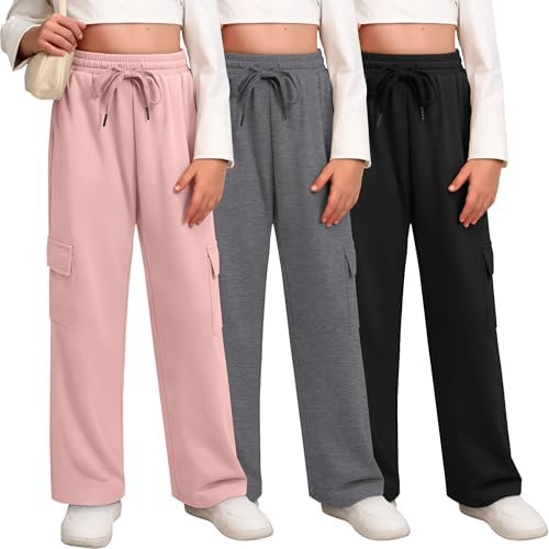 3 Pack Girls Cargo Sweatpants Kids Wide Leg High Waist Drawstring Pants Casual Baggy Athletic Trousers (Ages 5-14)