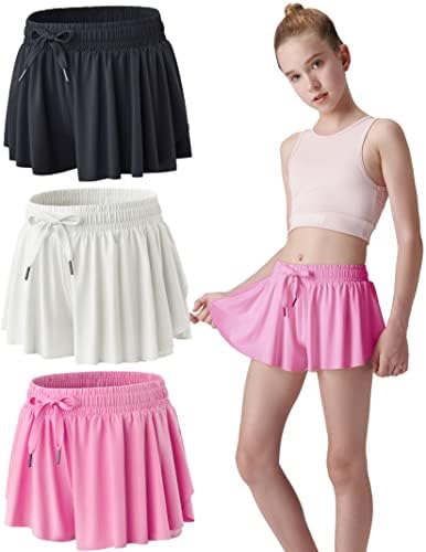 3 Pack Girls Flowy Shorts with Spandex Liner 2-in-1 Youth Butterfly Skirts for Fitness Running Sports
