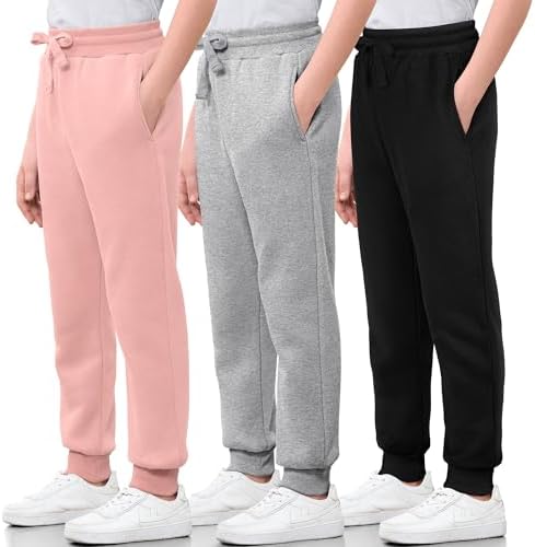 3 Pack Girls Sweatpants Cotton Fleece Girls Active Joggers Soft Athletic Sweat Pants for Kids Youth with Pocket Drawstring