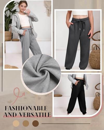 3 Pack Joggers For Girls Kids Sweatpants Ribbed Cuff Elastic Waist Drawstring Fall Casual Teen Pants With Pockets