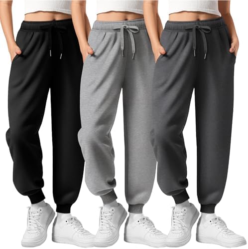 3 Pack Joggers for Girls Kids Sweatpants Ribbed Cuff Elastic Waist Drawstring Fall Casual Teen Pants with Pockets