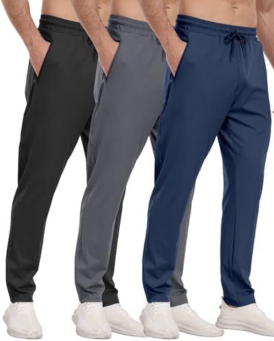 3 Pack Mens Athletic Sweatpants with Zipper Pockets Workout Gym Joggers Pants for Men Running Jogging Pants