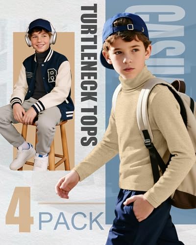 4 Pack Boys Turtleneck Long Sleeve Shirts Elastic Solid Warm Basic Football Baseball Undershirt Base Layering Tops