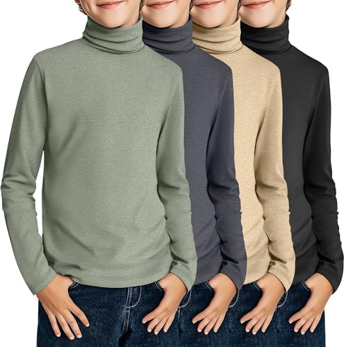 4 Pack Boys Turtleneck Long Sleeve Shirts Elastic Solid Warm Basic Football Baseball Undershirt Base Layering Tops