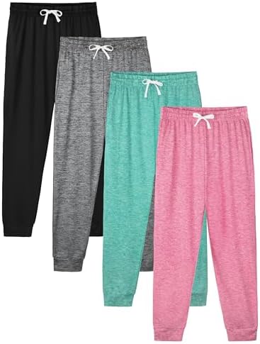 4 Pack Girls Sweatpants Jogger Lightweight Dry-Fit Active Athletic Kids Joggers with Pockets & Drawstring