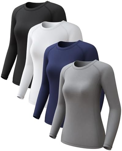 4 Pack Women's Long Sleeve Compression Shirts Dry Fit Workout Athletic Sun Protection Cooling Tops for Yoga Running Gym
