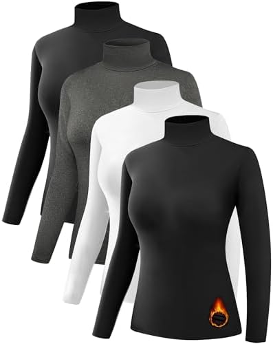 4 Pack Women’s Thermal Turtleneck Shirts Women Turtle Neck Fleece Lined Compression Long Sleeve Base Layer Tops