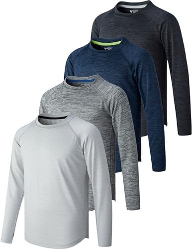 4 Pack: Youth Boys Long Sleeve Shirts Dry Fit Athletic Clothes for Teens Kids Active Performance Tshirts with Thumb Holes
