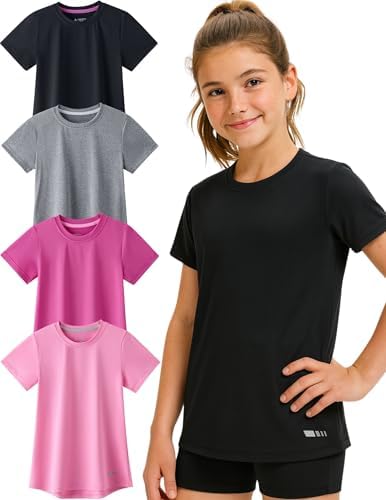 4 Pack: Youth Girls Athletic Shirts Short Sleeve Dry Fit Apparel Tech Tshirts Sports Activewear for Kids Teens