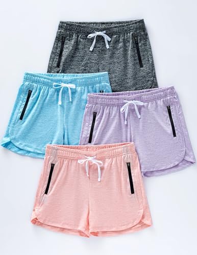 4 Pack Youth Girls Athletic Shorts 3" Girls Soccer Shorts Kids Workout Gym Clothes Activewear Apparel With Zipper Pockets