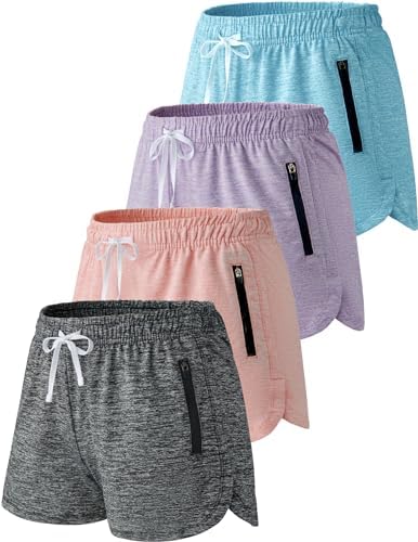 4 Pack Youth Girls Athletic Shorts 3" Girls Soccer Shorts Kids Workout Gym Clothes Activewear Apparel with Zipper Pockets
