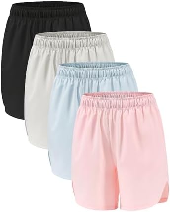 4 Packs Girls Athletic Shorts with Pockets Running Active Shorts Dry-Fit Sports Workout Shorts for Kids Teens