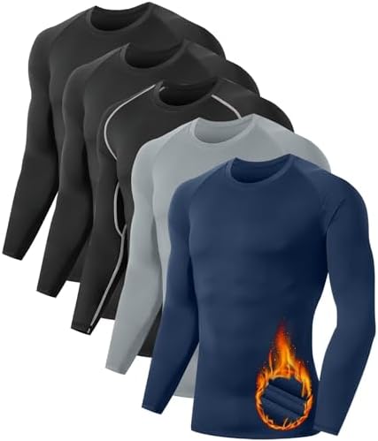 5 or 4 Pack Men's Thermal Compression Shirt Fleece Lined Long Sleeve Athletic Base Layer Cold Weather Gear Workout Top