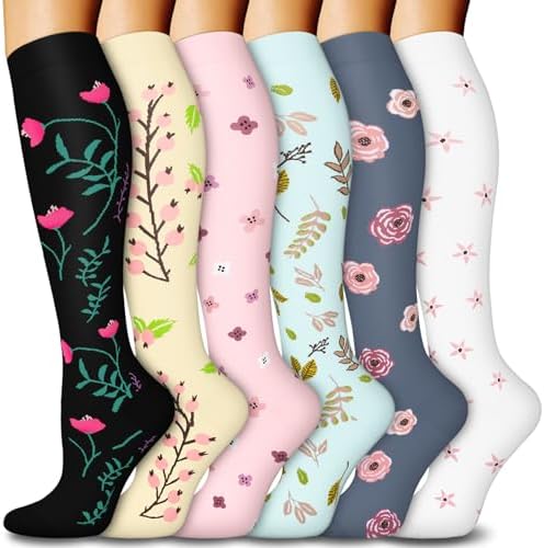 6 Pairs Compression Socks for Women & Men 15-20mmHg Graduated Support Knee High Socks for Nurses Travel Athletic