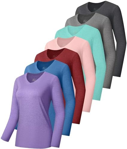 7 Pack Womens Long Sleeve Athletic Shirts UV Sun Protection UPF 50+ Quick Dry Workout Running Tops V Neck