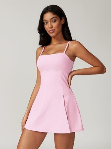 ABOCIW Womens Square Neck Tennis Dress With Shorts Spaghetti Strap Backless Workout Side Slit Athletic Golf Dresses