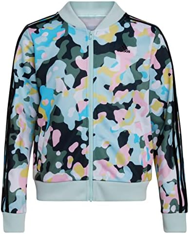 adidas Girls' Zip Front Tricot Bomber Jacket White with Multicolor Medium