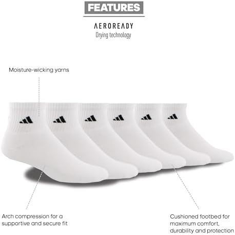 Adidas Men's Socks Athletic Cushioned Quarter 6-Pack Ankle Fit With Arch Support