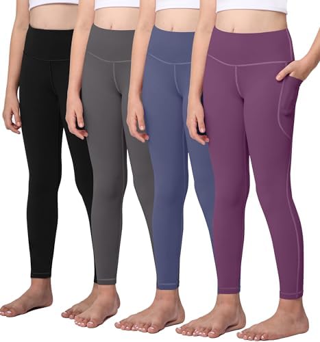 AENLLEY Yoga Active Leggings for Girls with 2 Pockets - Kids Workout Yoga Pants for Athletic (Pack of 2