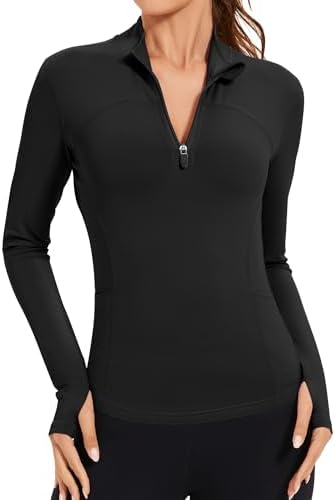AKEWEI Womens Long Sleeve Workout Tops Quarter Zip Pullover Quick Dry Crop Athletic Slim Fit Yoga Shirts