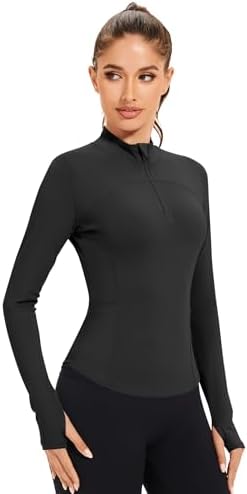 AKEWEI Womens Long Sleeve Workout Tops Quarter Zip Pullover Quick Dry Crop Athletic Slim Fit Yoga Shirts