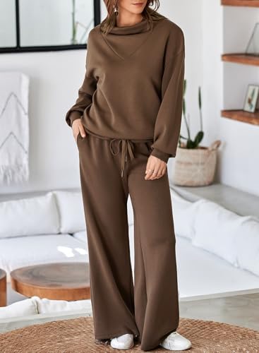 Aleumdr Women's 2 Piece Outfits Lounge Set Mock Neck Long Sleeve Sweatshirt With Wide Leg Pants Sweatsuit Fall 2025