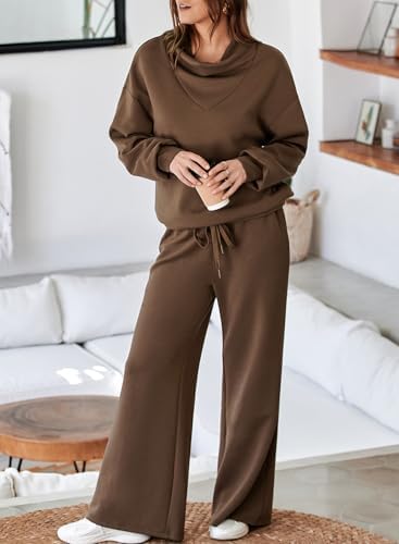Aleumdr Women's 2 Piece Outfits Lounge Set Mock Neck Long Sleeve Sweatshirt With Wide Leg Pants Sweatsuit Fall 2025