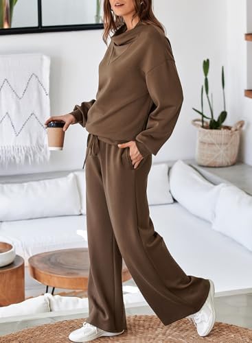Aleumdr Women's 2 Piece Outfits Lounge Set Mock Neck Long Sleeve Sweatshirt With Wide Leg Pants Sweatsuit Fall 2025