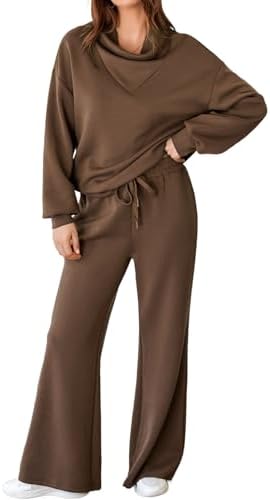 Aleumdr Women's 2 Piece Outfits Lounge Set Mock Neck Long Sleeve Sweatshirt With Wide Leg Pants Sweatsuit Fall 2025