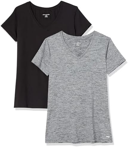 Amazon Essentials Women's Active Quick Dry Tech Stretch Short-Sleeve V-Neck T-Shirt (Available in Plus Size) Pack of 2
