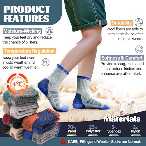 Anlisim Kids Merino Wool Hiking Socks Boys Girls Toddlers Thermal Winter Warm Boot Thick Cushion Gift Socks 6 Pairs