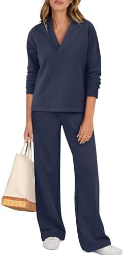 ANRABESS Lounge Sets for Women 2 Piece Outfits Sweatsuit Set Fall V Neck Sweatshirts Wide Leg Pants Tracksuits