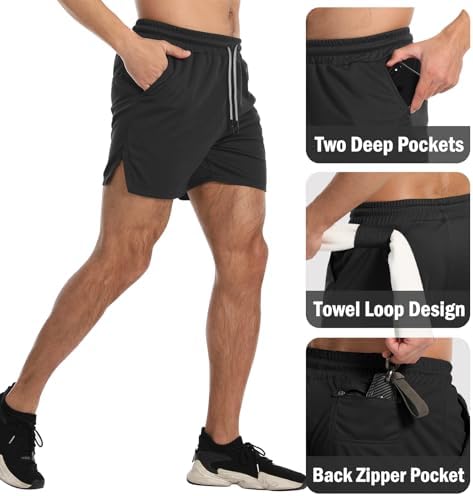 Aolesy Men's Gym Workout Shorts 5" Lightweight Bodybuilding Athletic Shorts Running Training With Zip Pockets & Towel Loop