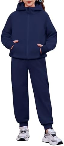 Arshiner Girls 2 Piece Outfit Drop Shoulder Zip Up Hoodies and Sweatpant Clothing Set with Pockets
