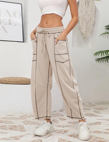 Athlisan Womens Baggy Barrel Pants Wide Leg Lounge Drawstring Sweatpants With Pockets