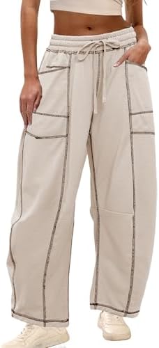 Athlisan Womens Baggy Barrel Pants Wide Leg Lounge Drawstring Sweatpants with Pockets