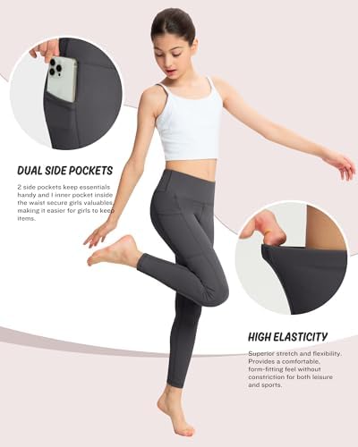 ATHVOTAR Girls Leggings With Pockets: High Waisted Yoga Workout Athletic Dance Running Pants 4 Packs